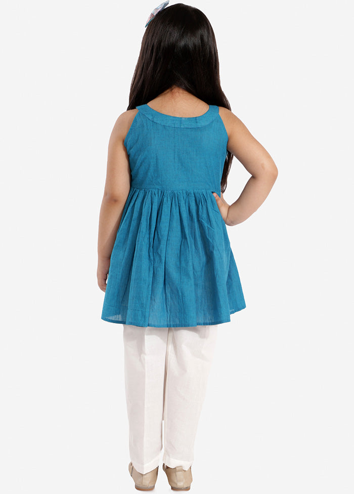 Blue Pure Handloom Cotton Fabric Short Kurta With Straight Pants - Indian Silk House Agencies
