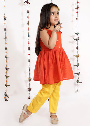 Orange And Yellow Pure Handloom Cotton Fabric Short Kurta With Straight Pants - Indian Silk House Agencies