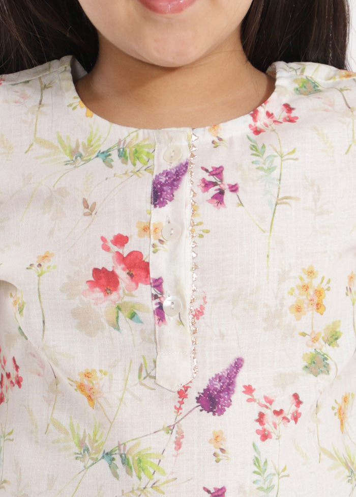 Cream Cotton Linen Printed Floral Kurta And Straight Pant Set - Indian Silk House Agencies