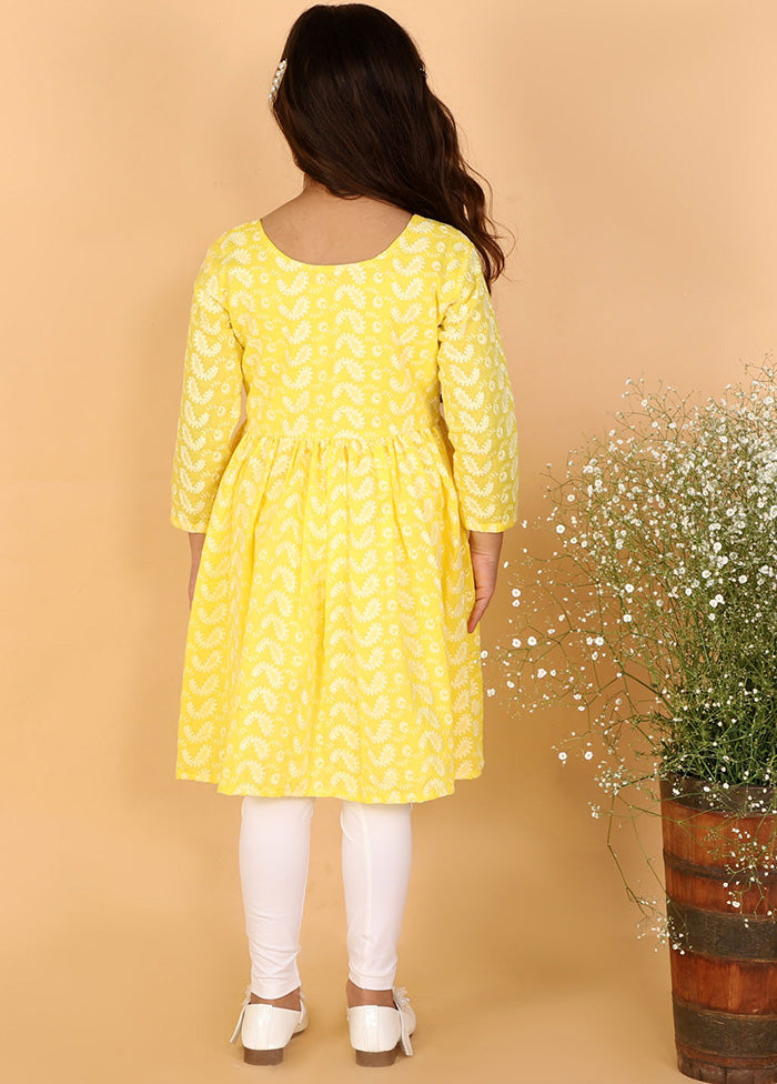 Yellow Pure Cotton Lukhnowi Chikankari Anarkali Kurta With Cotton Leggings - Indian Silk House Agencies