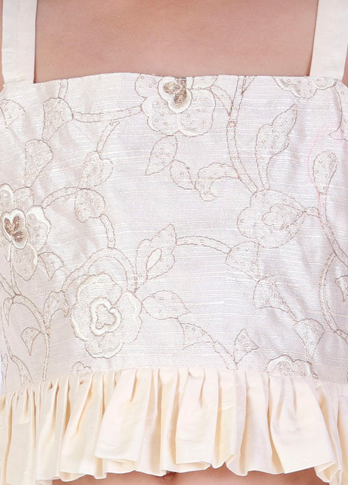 Cream Embroidered Silk Crop Top With Draped Skirt - Indian Silk House Agencies