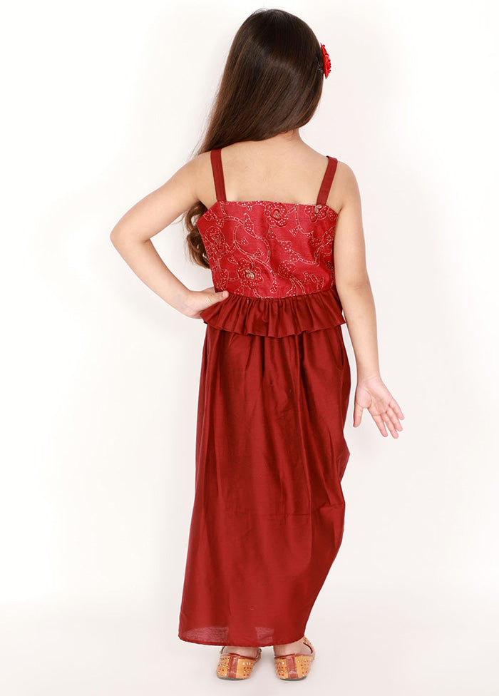 Maroon Embroidered Silk Crop Top With Draped Skirt - Indian Silk House Agencies