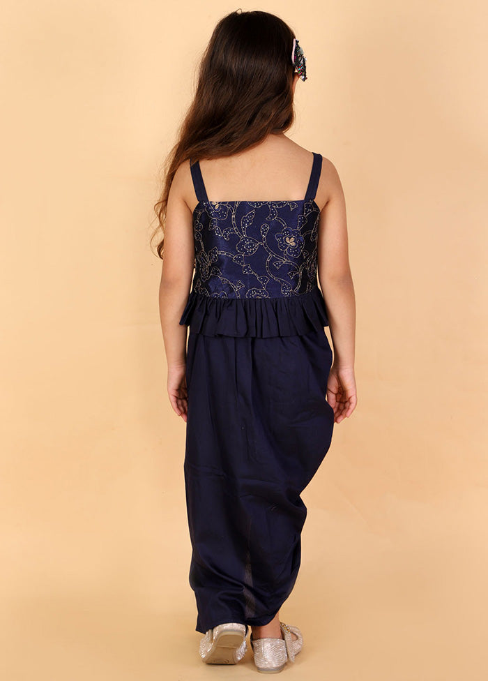 Navy Blue Embroidered Silk Crop Top With Draped Skirt - Indian Silk House Agencies