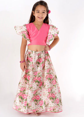 Pink Ruffle Sleeve Crop Top And Printed Lehenga Set - Indian Silk House Agencies