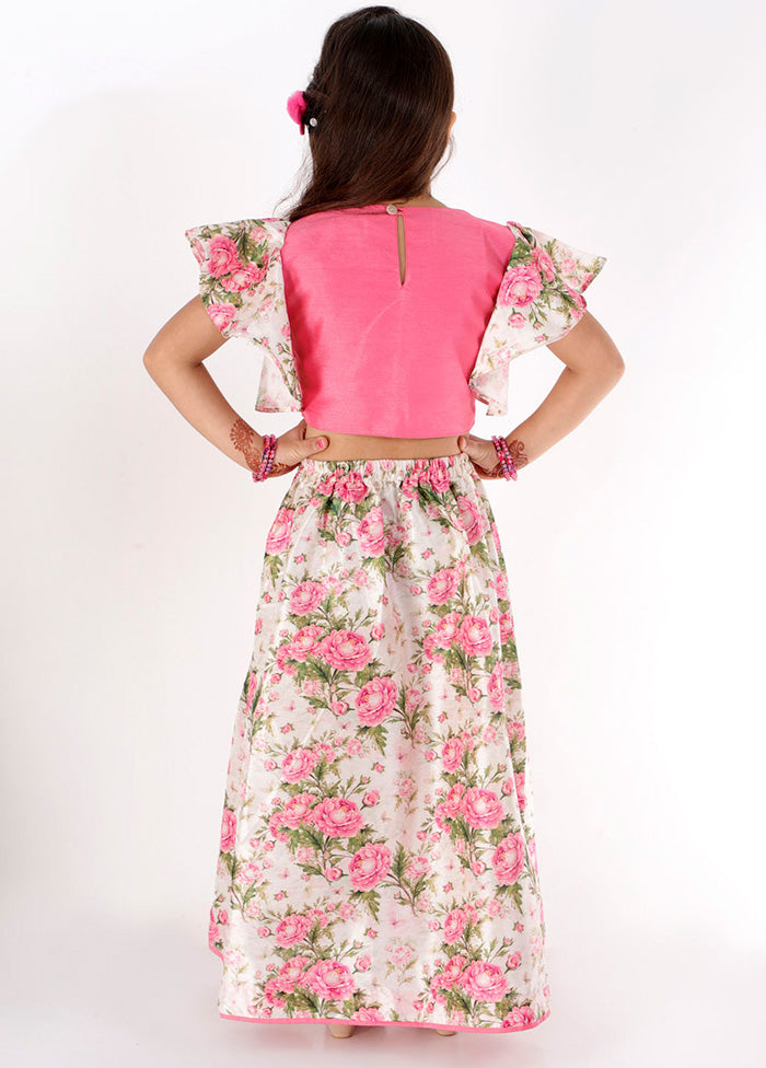 Pink Ruffle Sleeve Crop Top And Printed Lehenga Set - Indian Silk House Agencies