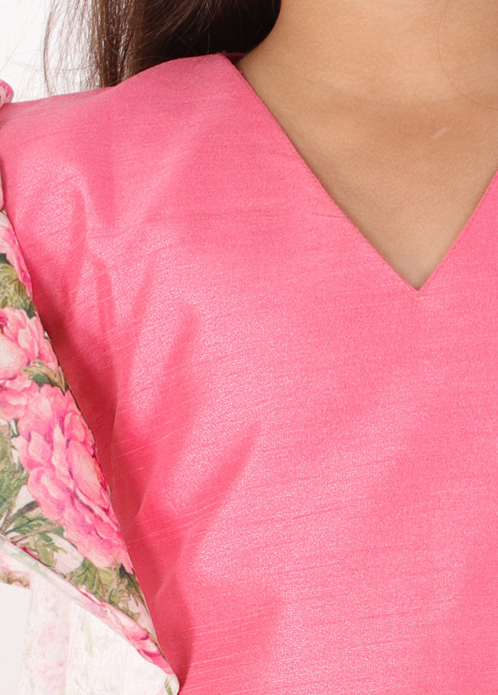 Pink Ruffle Sleeve Crop Top And Printed Lehenga Set - Indian Silk House Agencies