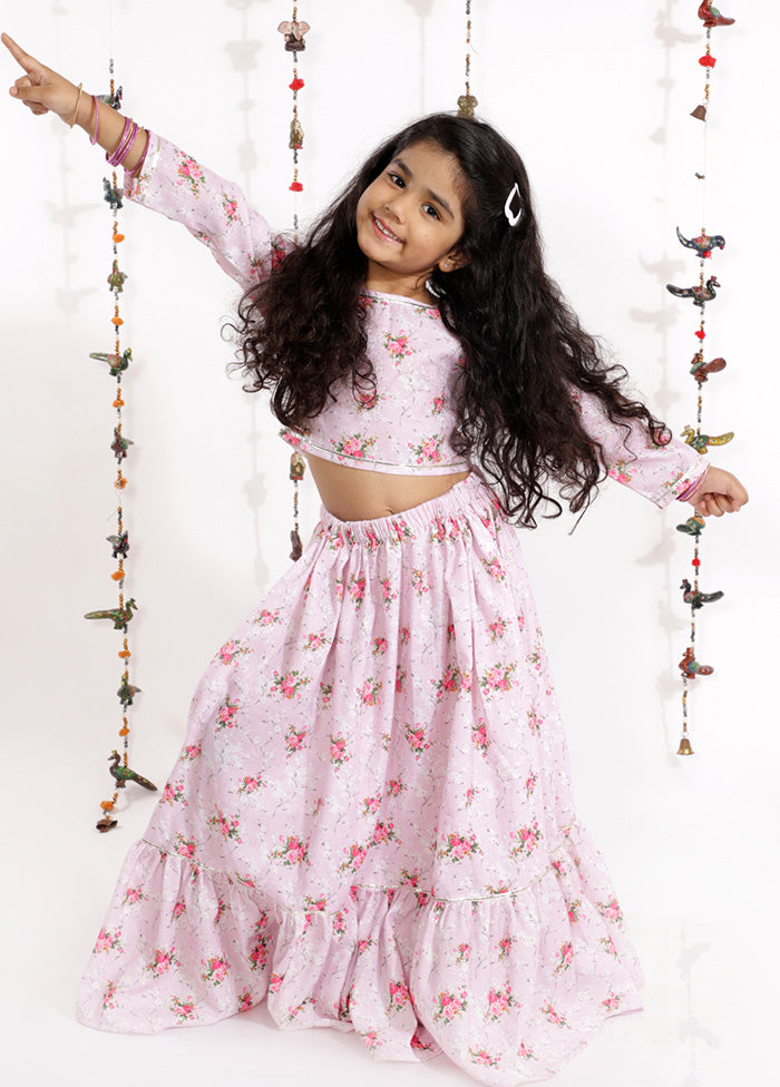 Pink Cotton Linen Embellised Printed Crop Top And Ruffle Skirt Set - Indian Silk House Agencies