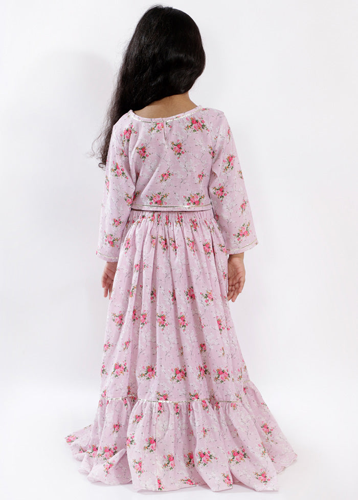 Pink Cotton Linen Embellised Printed Crop Top And Ruffle Skirt Set - Indian Silk House Agencies