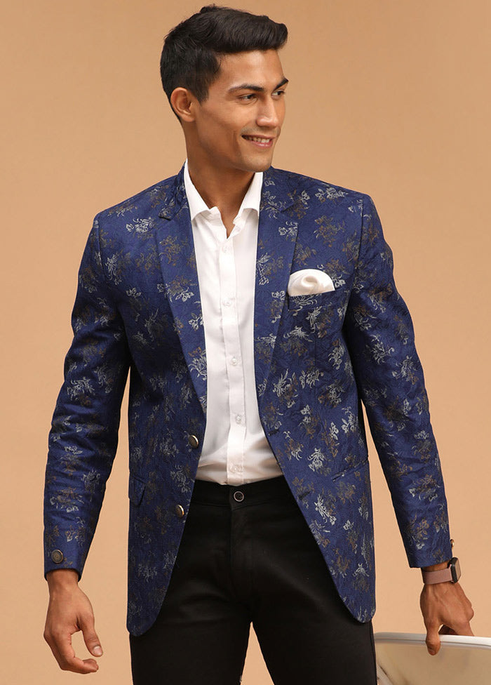 Navy Blue Dupion Silk Printed Blazer VDVAS30062292 - Indian Silk House Agencies