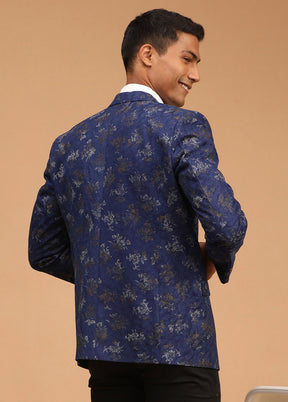 Navy Blue Dupion Silk Printed Blazer VDVAS30062292 - Indian Silk House Agencies