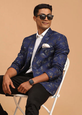 Navy Blue Dupion Silk Printed Blazer VDVAS30062292 - Indian Silk House Agencies