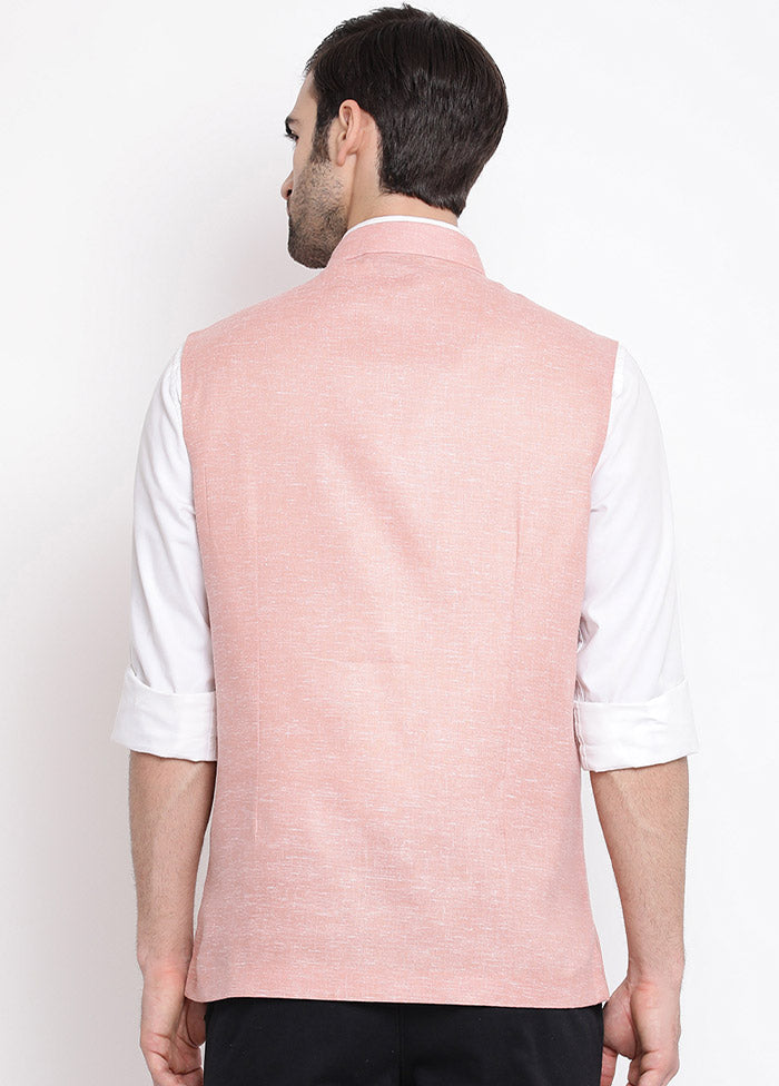Peach Cotton Solid Nehru Jacket VDVAS30062550 - Indian Silk House Agencies