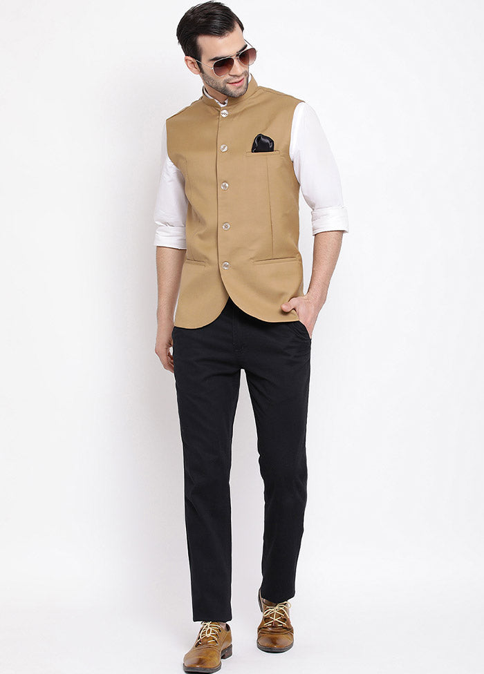 Beige Cotton Solid Nehru Jacket VDVAS30062555 - Indian Silk House Agencies