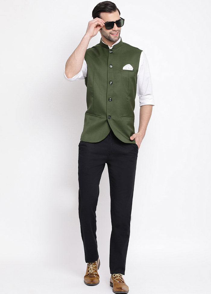 Green Cotton Solid Nehru Jacket VDVAS30062556 - Indian Silk House Agencies