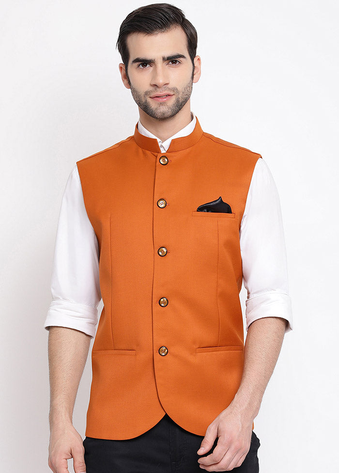 Orange Cotton Solid Nehru Jacket VDVAS30062554 - Indian Silk House Agencies