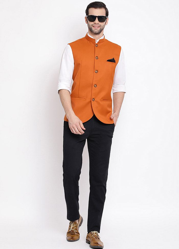 Orange Cotton Solid Nehru Jacket VDVAS30062554 - Indian Silk House Agencies