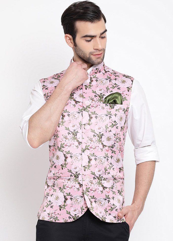 Pink Dupion Silk Printed Nehru Jacket VDVAS30062559 - Indian Silk House Agencies