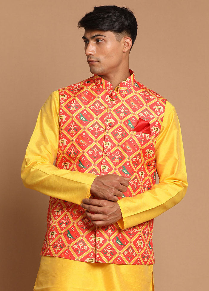 Red Dupion Silk Printed Nehru Jacket VDVAS30062571 - Indian Silk House Agencies