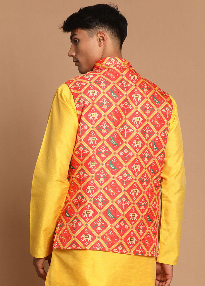 Red Dupion Silk Printed Nehru Jacket VDVAS30062571 - Indian Silk House Agencies