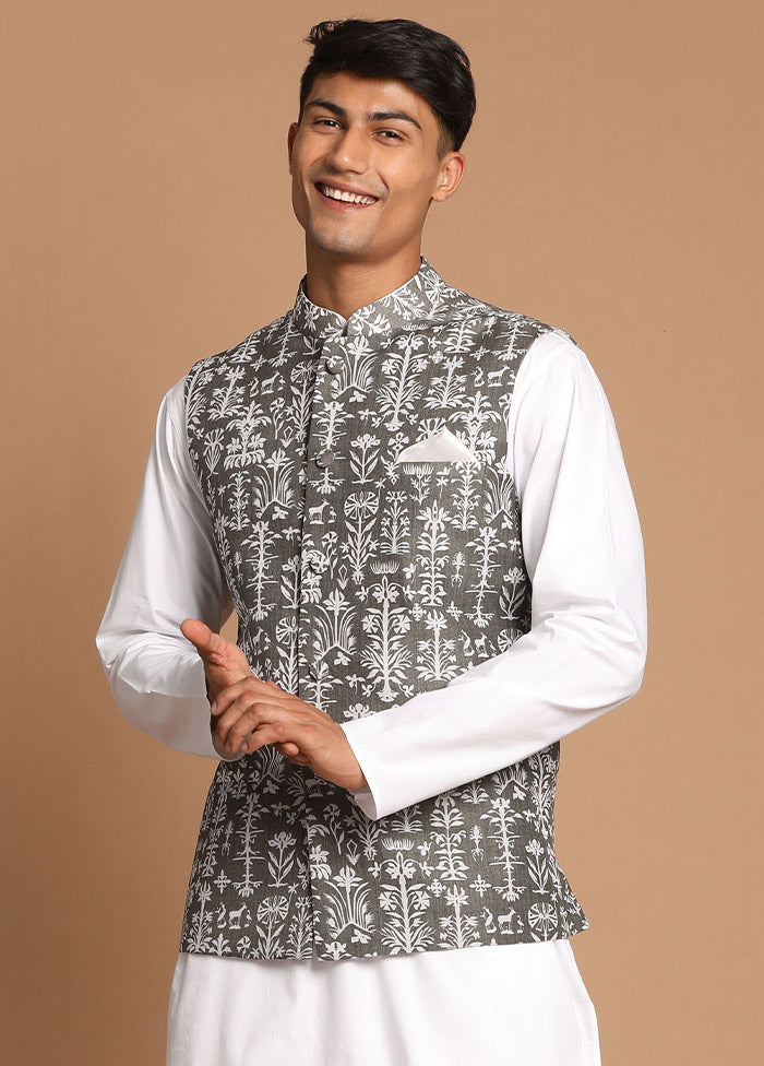 Grey Cotton Printed Nehru Jacket VDVAS30062572 - Indian Silk House Agencies