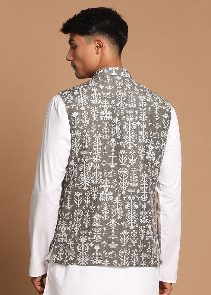 Grey Cotton Printed Nehru Jacket VDVAS30062572