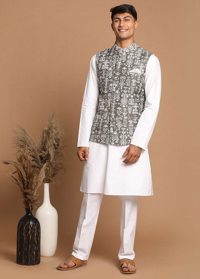 Grey Cotton Printed Nehru Jacket VDVAS30062572 - Indian Silk House Agencies