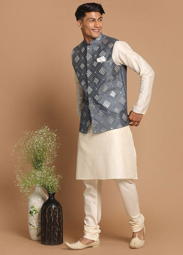 Grey Dupion Silk Printed Nehru Jacket VDVAS30062577 - Indian Silk House Agencies