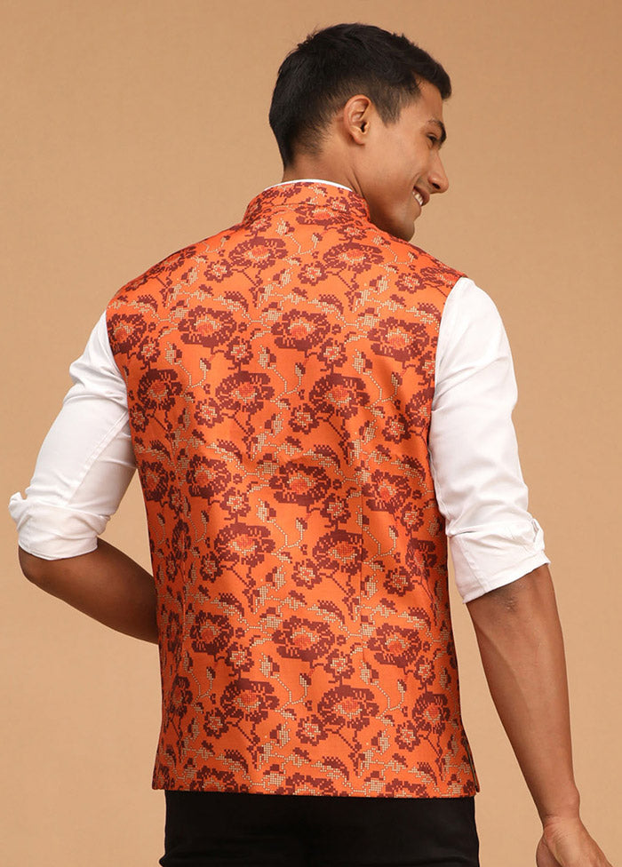 Rust Cotton Printed Nehru Jacket VDVAS30062580 - Indian Silk House Agencies