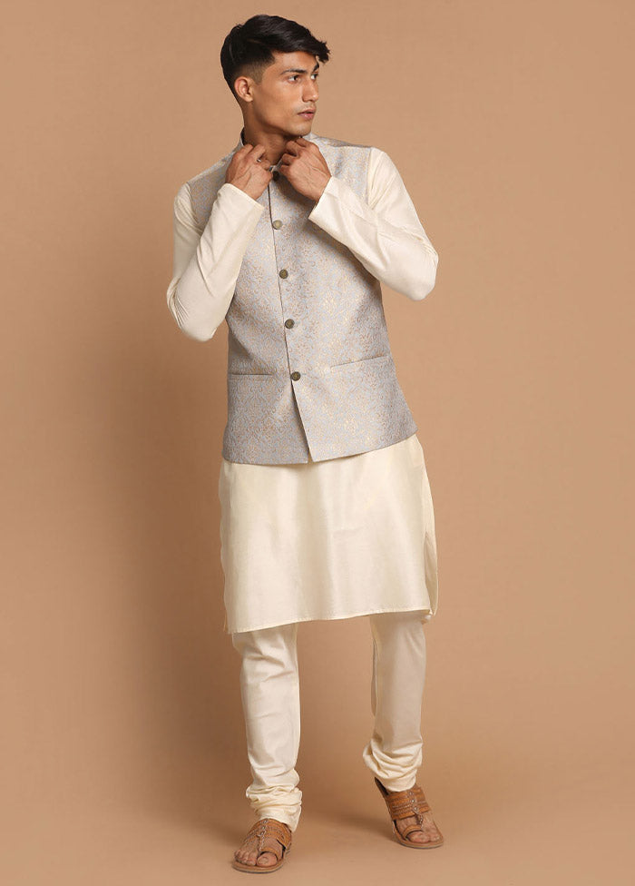 Grey Dupion Silk Printed Nehru Jacket VDVAS30062579 - Indian Silk House Agencies