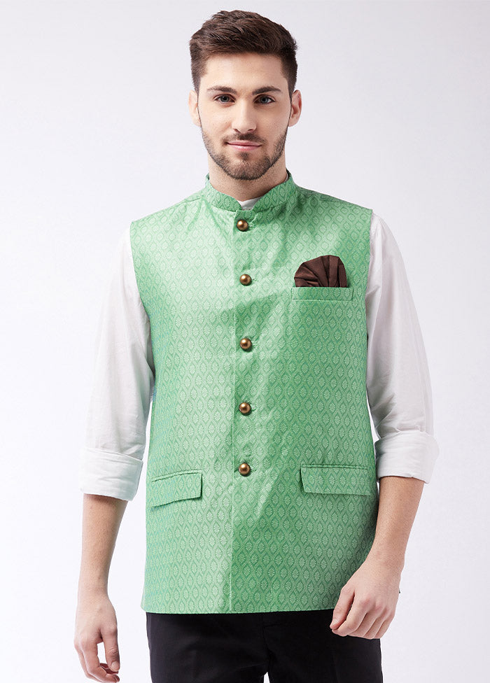 Green Dupion Silk Printed Nehru Jacket VDVAS30062565 - Indian Silk House Agencies