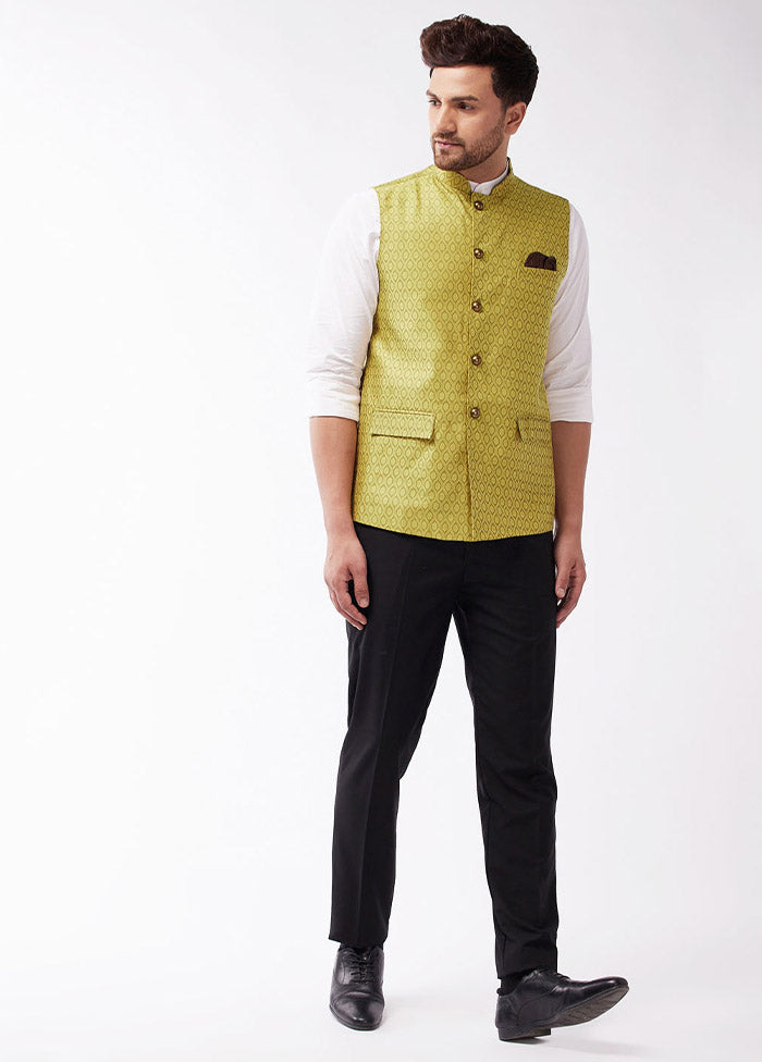 Yellow Dupion Silk Printed Nehru Jacket VDVAS30062563 - Indian Silk House Agencies