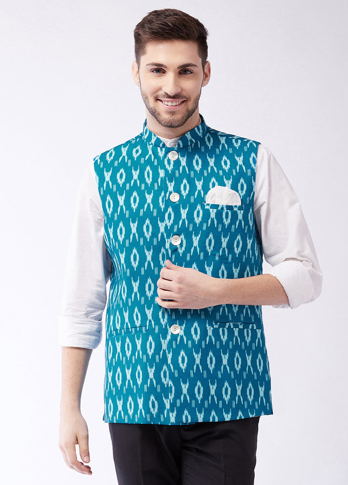 Turquoise Cotton Printed Nehru Jacket VDVAS30062566 - Indian Silk House Agencies