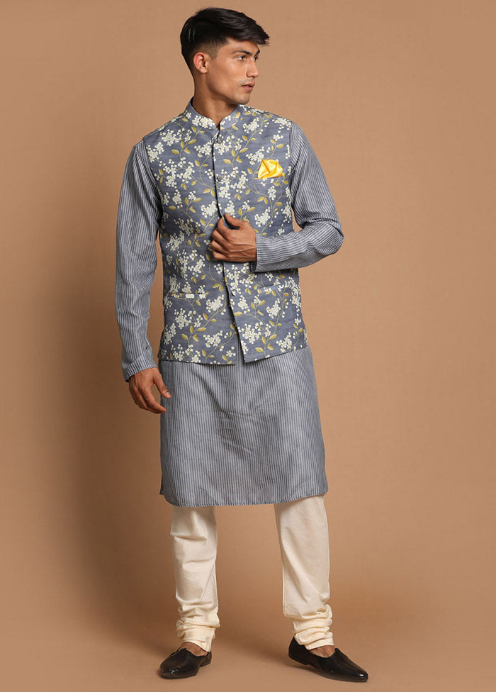 Grey Cotton Printed Nehru Jacket VDVAS30062575 - Indian Silk House Agencies