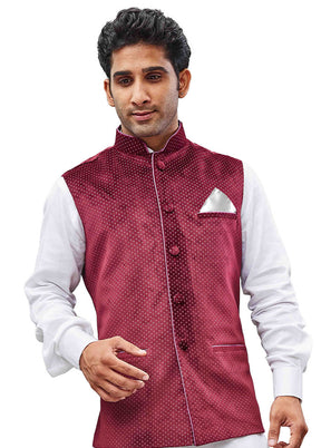 Maroon Velvet Printed Nehru Jacket VDVAS30062545 - Indian Silk House Agencies