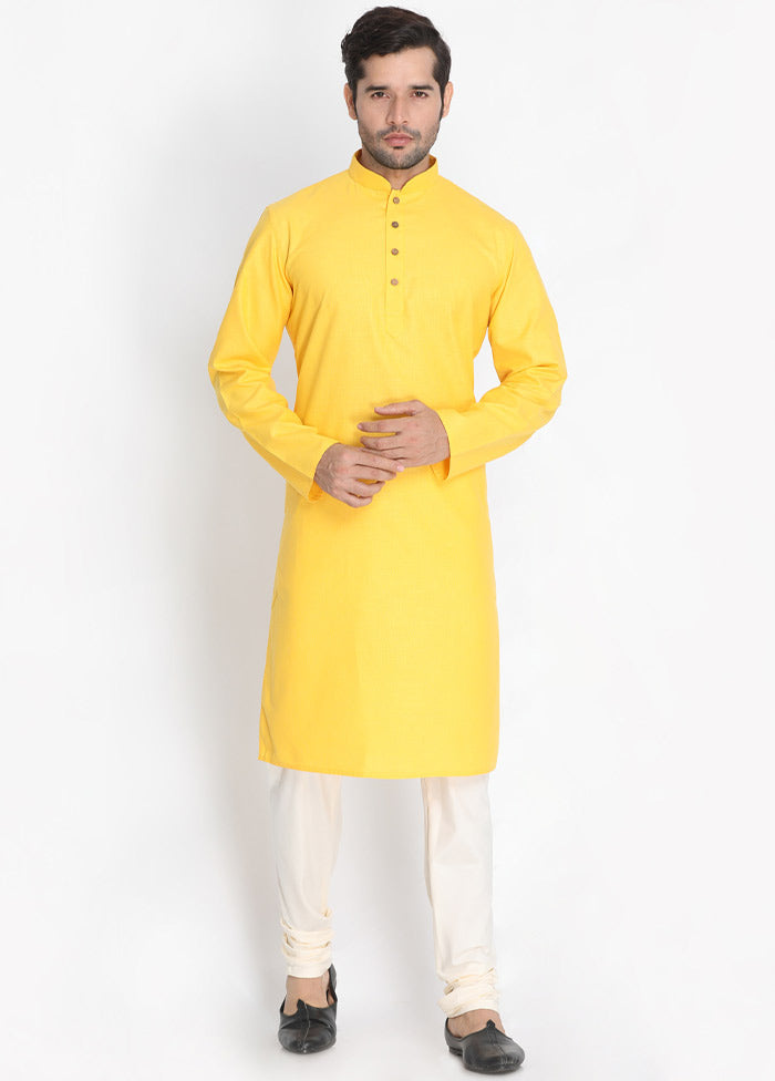 2 Pc Yellow Cotton Kurta With Beige Churidar VDVAS30062040 - Indian Silk House Agencies