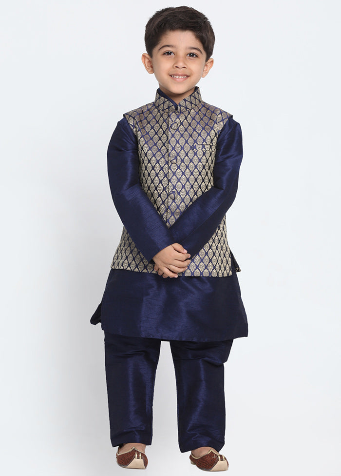 Dark Blue Silk Kurta Pajama Set With Jacket - Indian Silk House Agencies