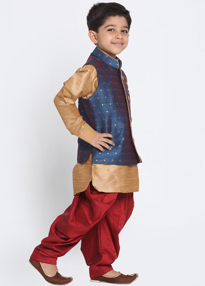 Dark Blue Silk Kurta Pajama Set With Jacket - Indian Silk House Agencies