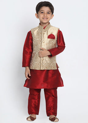 Gold Silk Kurta Pajama Set With Jacket - Indian Silk House Agencies