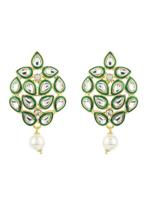 Estelle Mirror Kundan Green enamel Earrings - Indian Silk House Agencies
