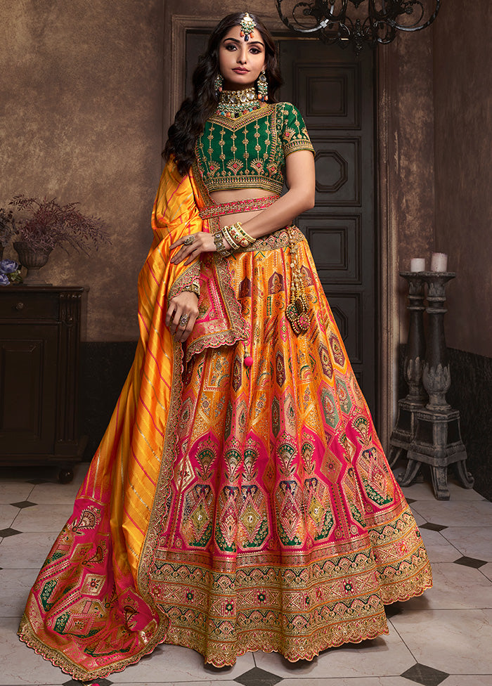 3 Pc Yellow Silk Semi Stitched Lehenga Set