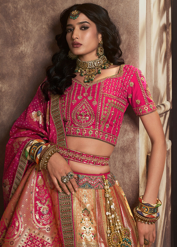 3 Pc Golden Silk Semi Stitched Lehenga Set