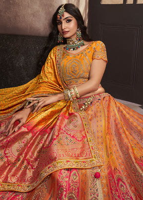 3 Pc Yellow Silk Semi Stitched Lehenga Set