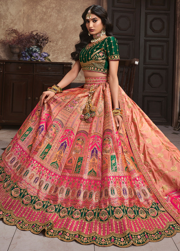 3 Pc Peach Silk Semi Stitched Lehenga Set