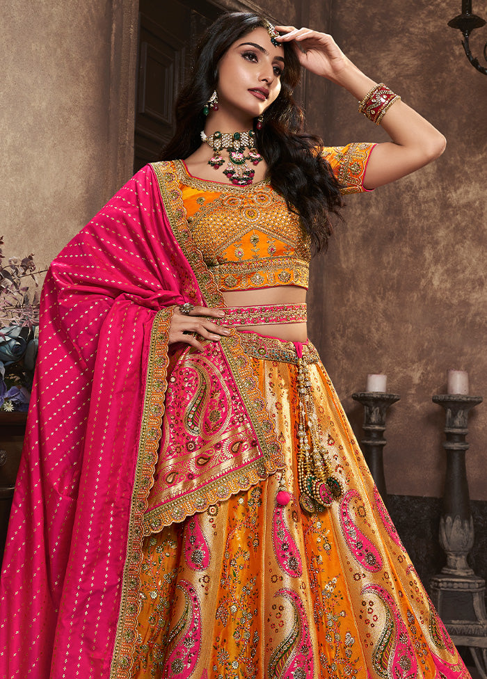 3 Pc Yellow Silk Semi Stitched Lehenga Set