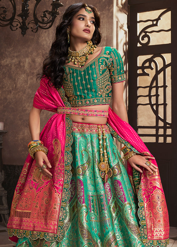 3 Pc Green Silk Semi Stitched Lehenga Set