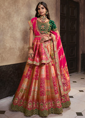 3 Pc Peach Silk Semi Stitched Lehenga Set