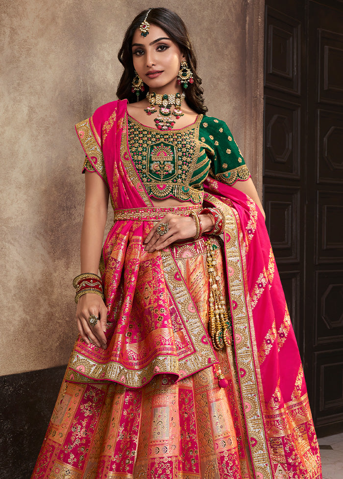 3 Pc Peach Silk Semi Stitched Lehenga Set