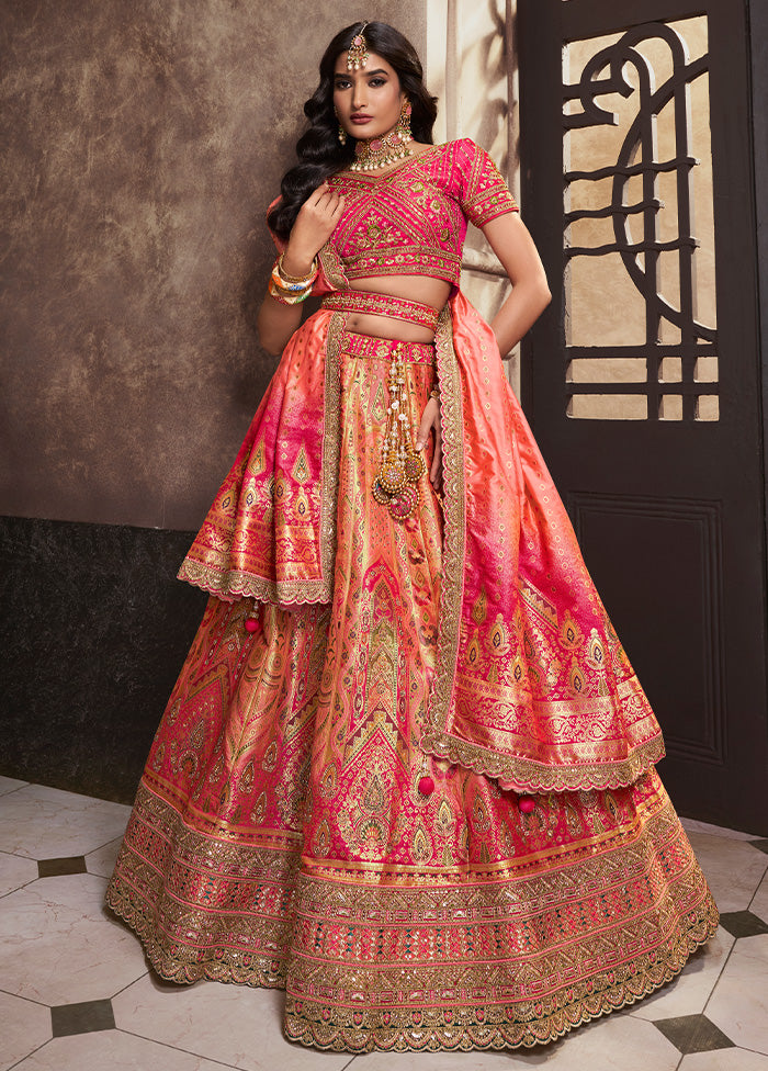 3 Pc Peach Silk Semi Stitched Lehenga Set