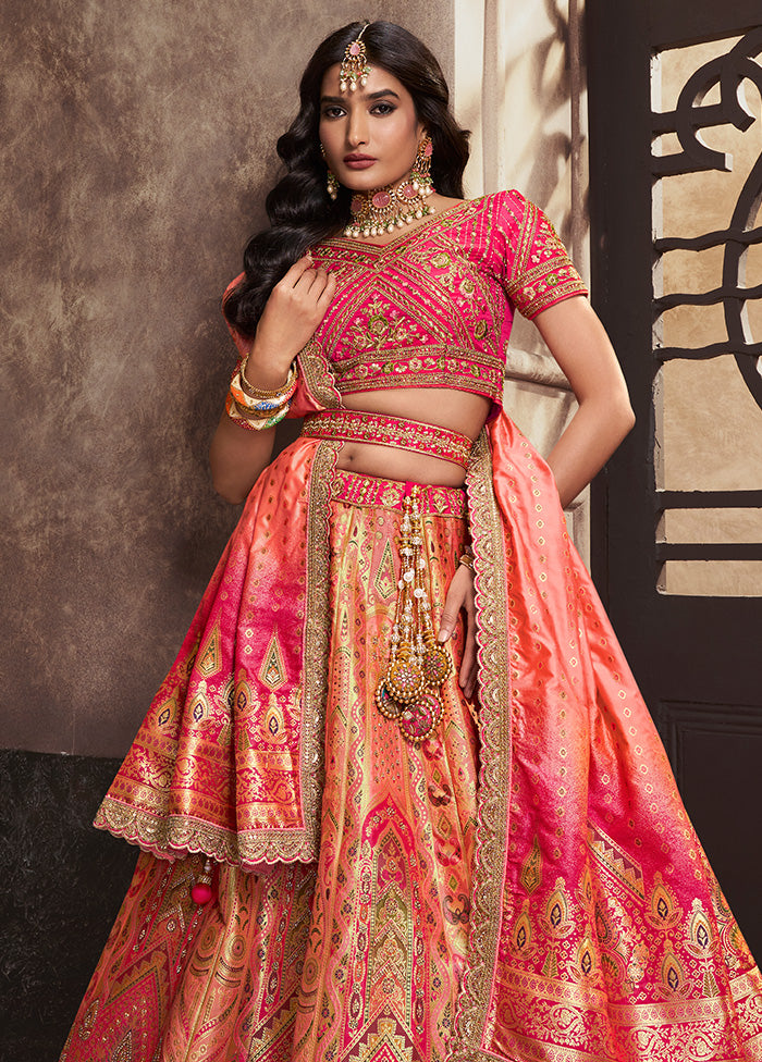 3 Pc Peach Silk Semi Stitched Lehenga Set