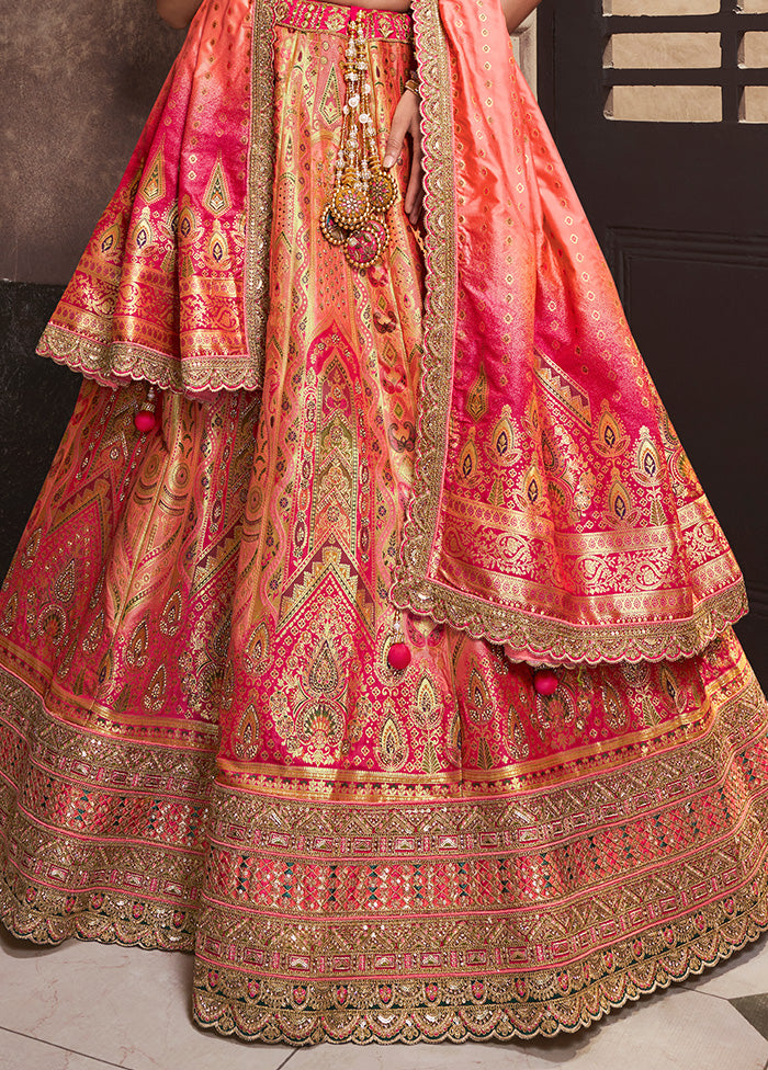 3 Pc Peach Silk Semi Stitched Lehenga Set